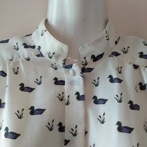 Vintage Mallard Duck & Floral Print Button Up Long Sleeve Shirt Size 8